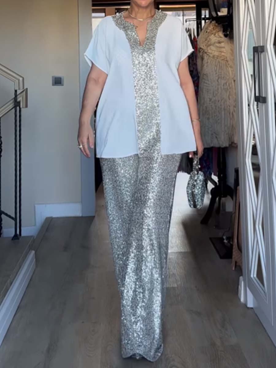 Elegant Sequined Pachwork Two Pieces Set
