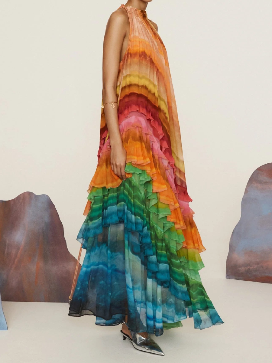 Sleeveless Rainbow Gauze Skirt