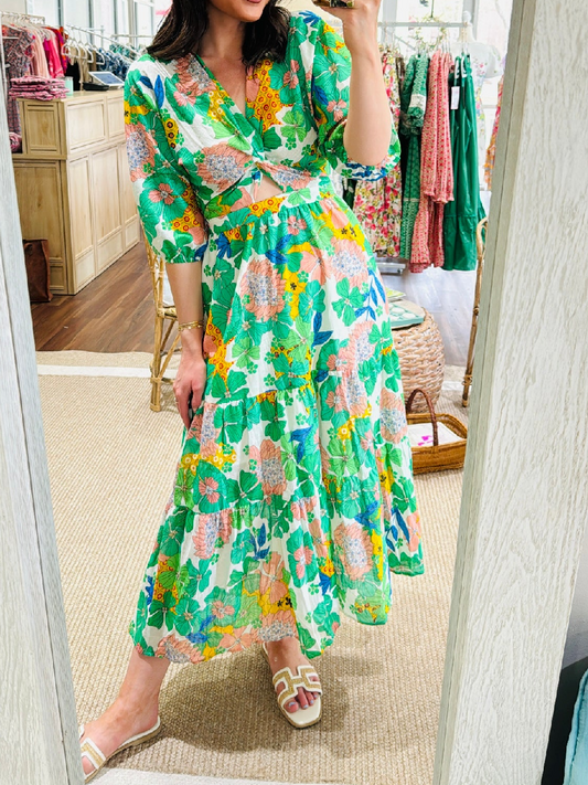 Green Print V-Neck Dress
