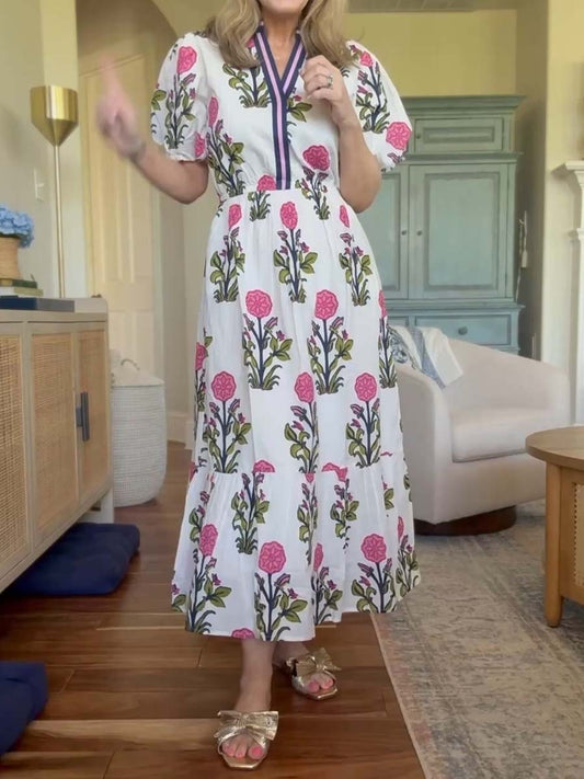 Floral Print Band Collar Tiered Dress