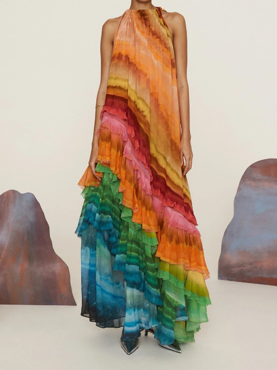 Sleeveless Rainbow Gauze Skirt