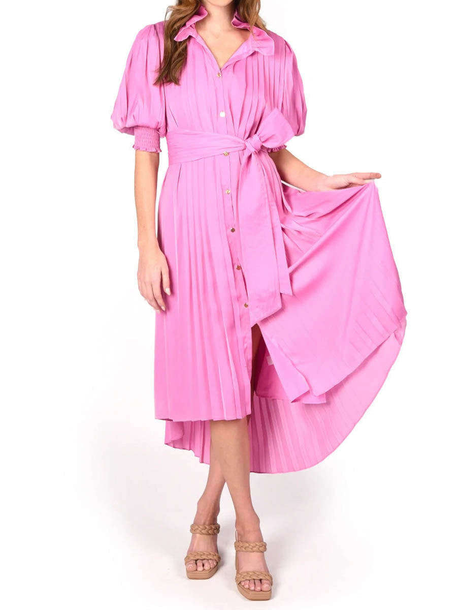 Ruffled Short Sleeve Pleated Belted Dress