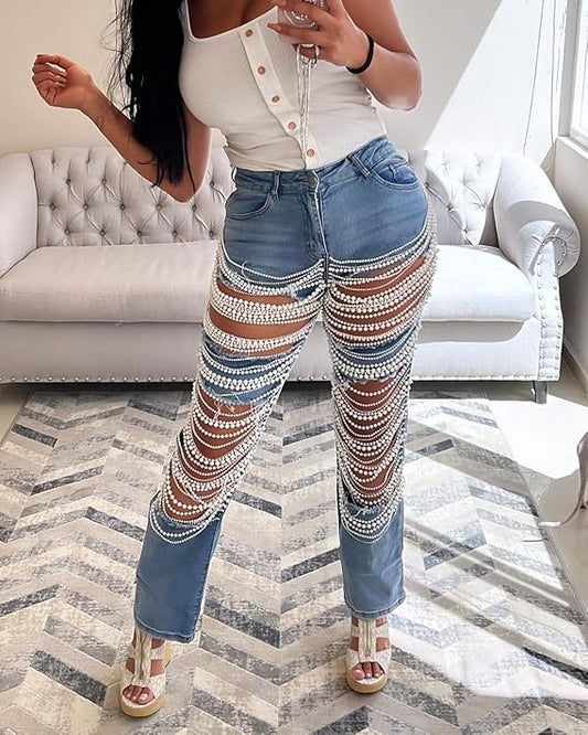 Ripped Rhinestone Chain Jeans