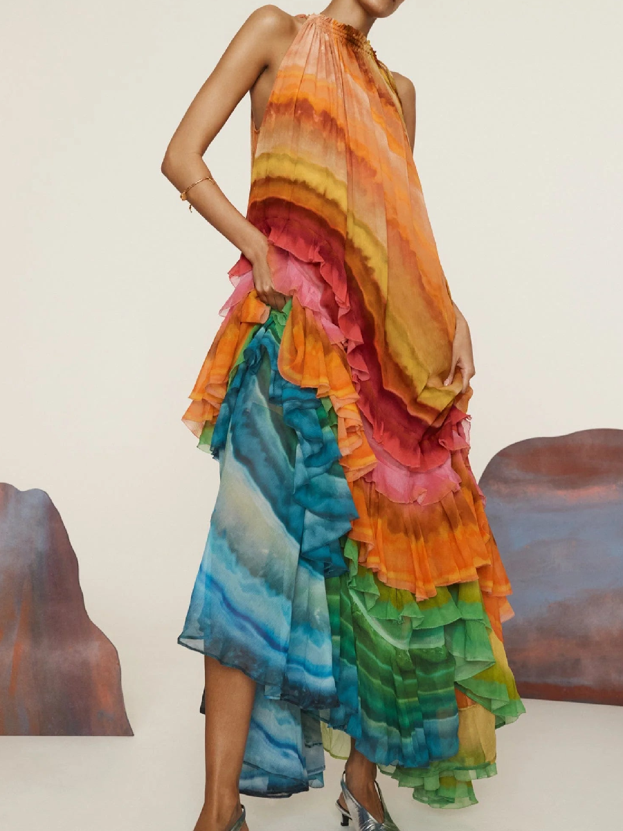 Sleeveless Rainbow Gauze Skirt