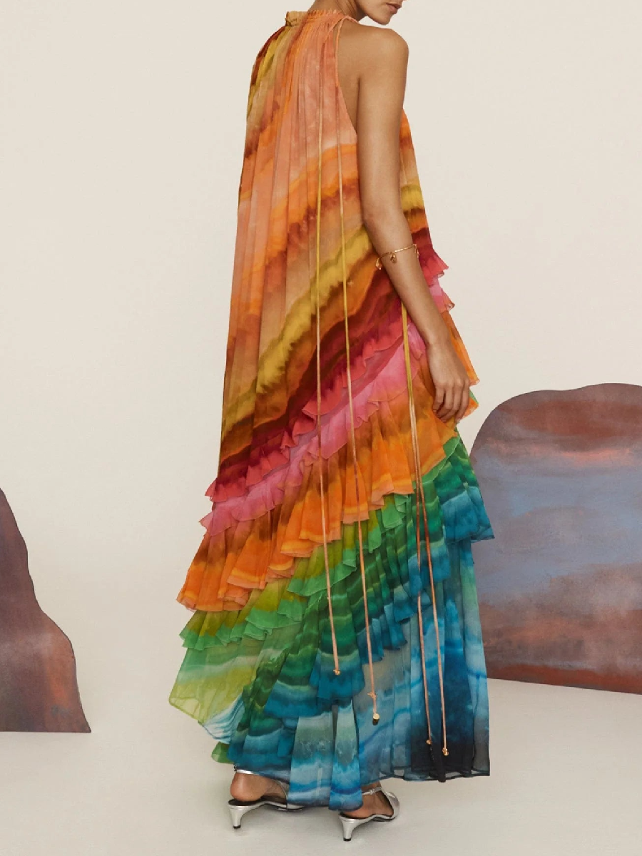 Sleeveless Rainbow Gauze Skirt