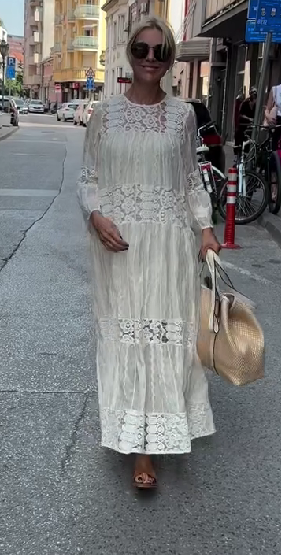 Embroidered Round Neck Lace Maxi Dress