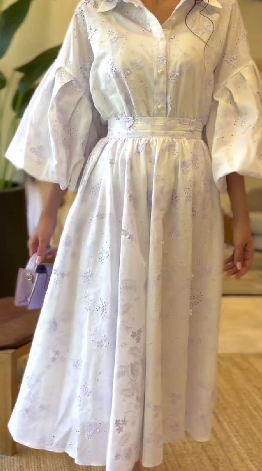 Lantern Sleeve Waisted Shirt Dress