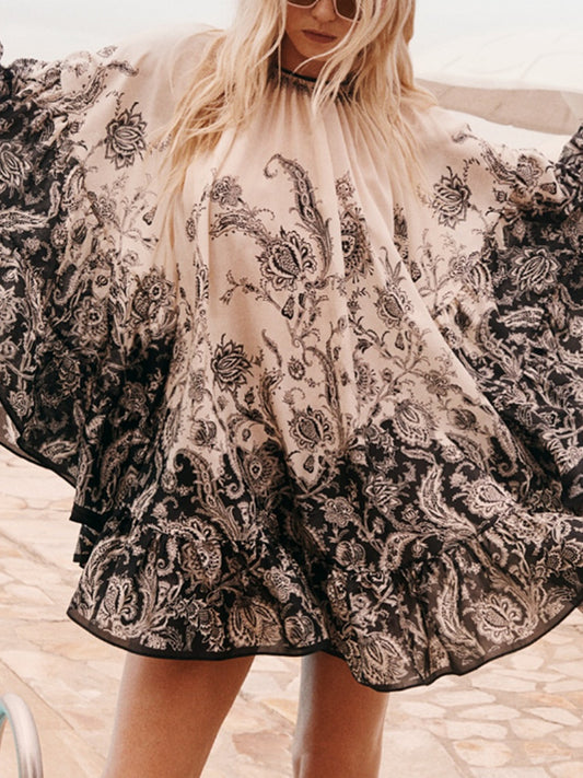 Vintage Printed Lace-Up Waist Dress