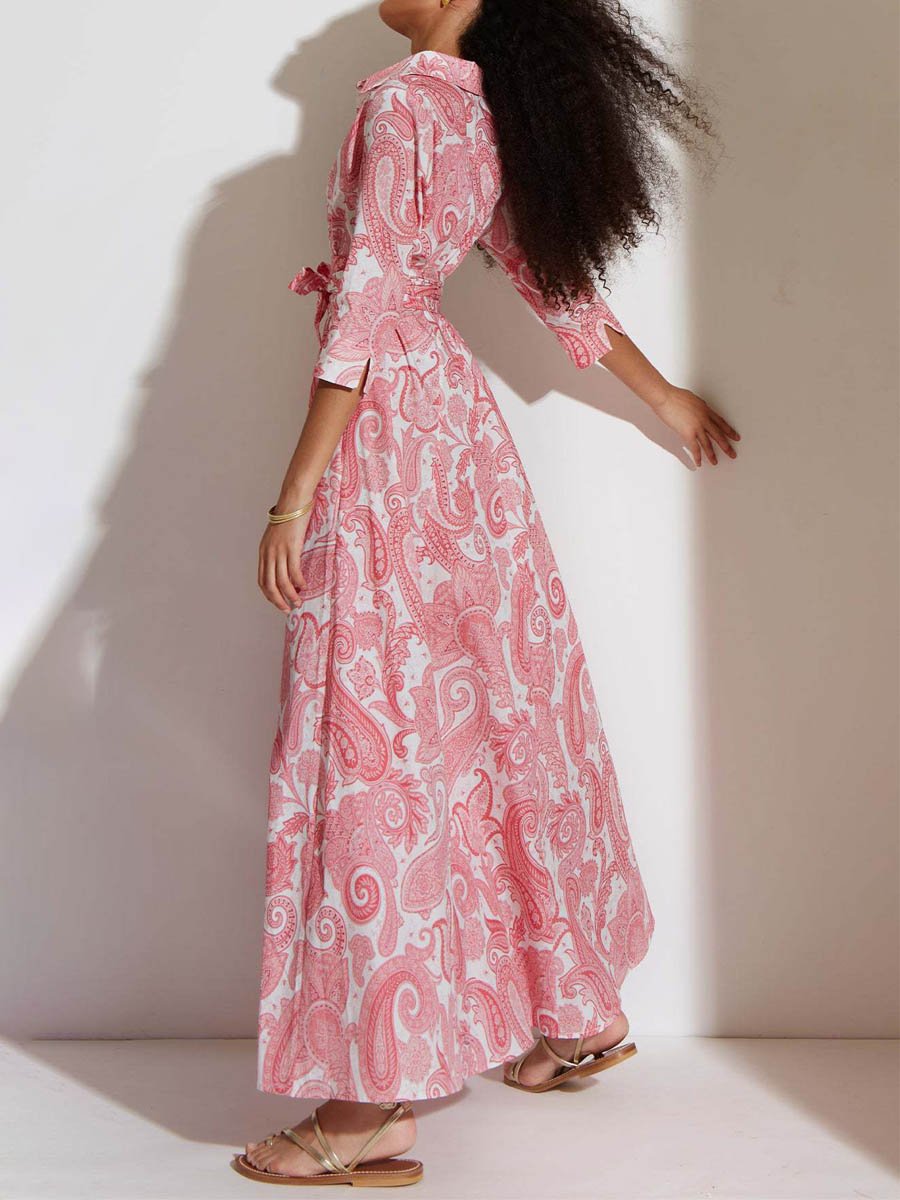 Printed Belt Maxi Shirt Dress