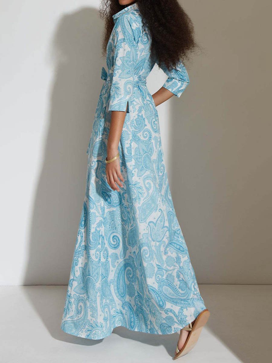 Printed Belt Maxi Shirt Dress