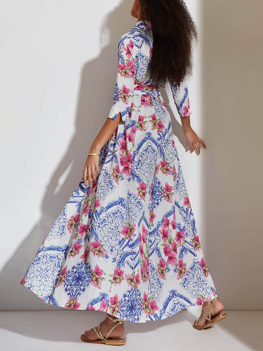 Printed Belt Maxi Shirt Dress